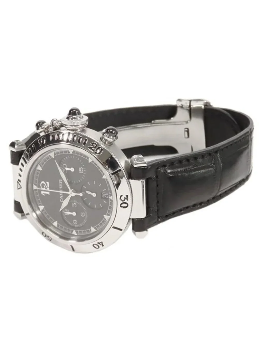 Cartier Pasha 38 Gray SS Leather Chronograph Watch Automatic